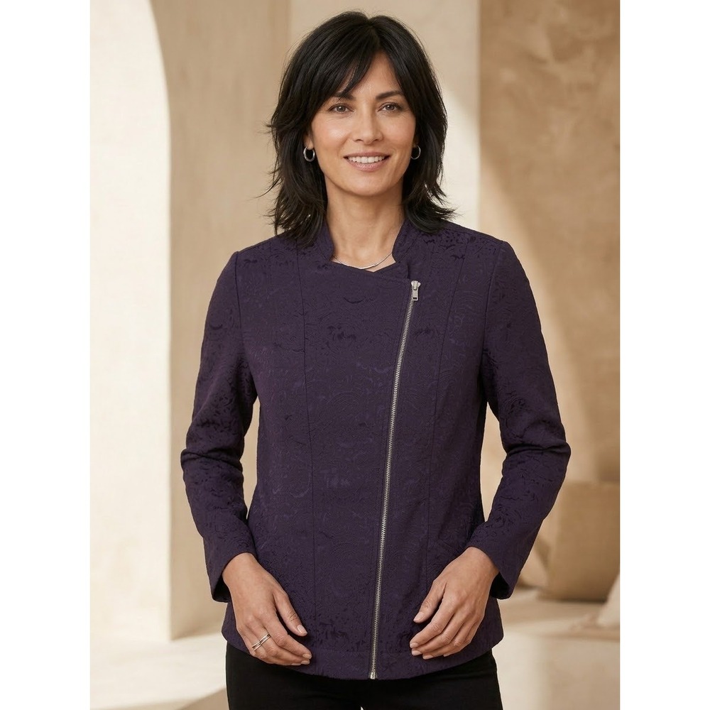 Paisley Jacquard Chico's Eggplant Cotton Blend Moto Jacket Size 2 Large